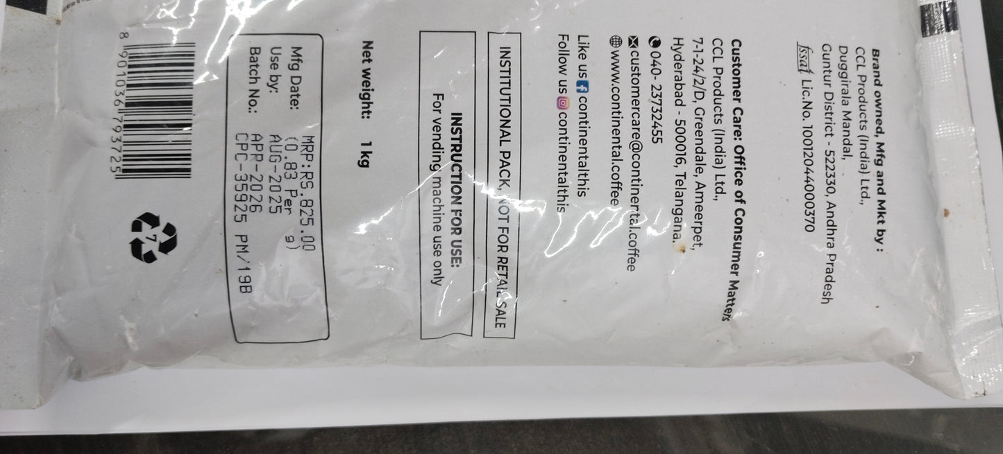 Back side of continental 3 in 1 coffee premix 1 kg pack showing product details and instructions