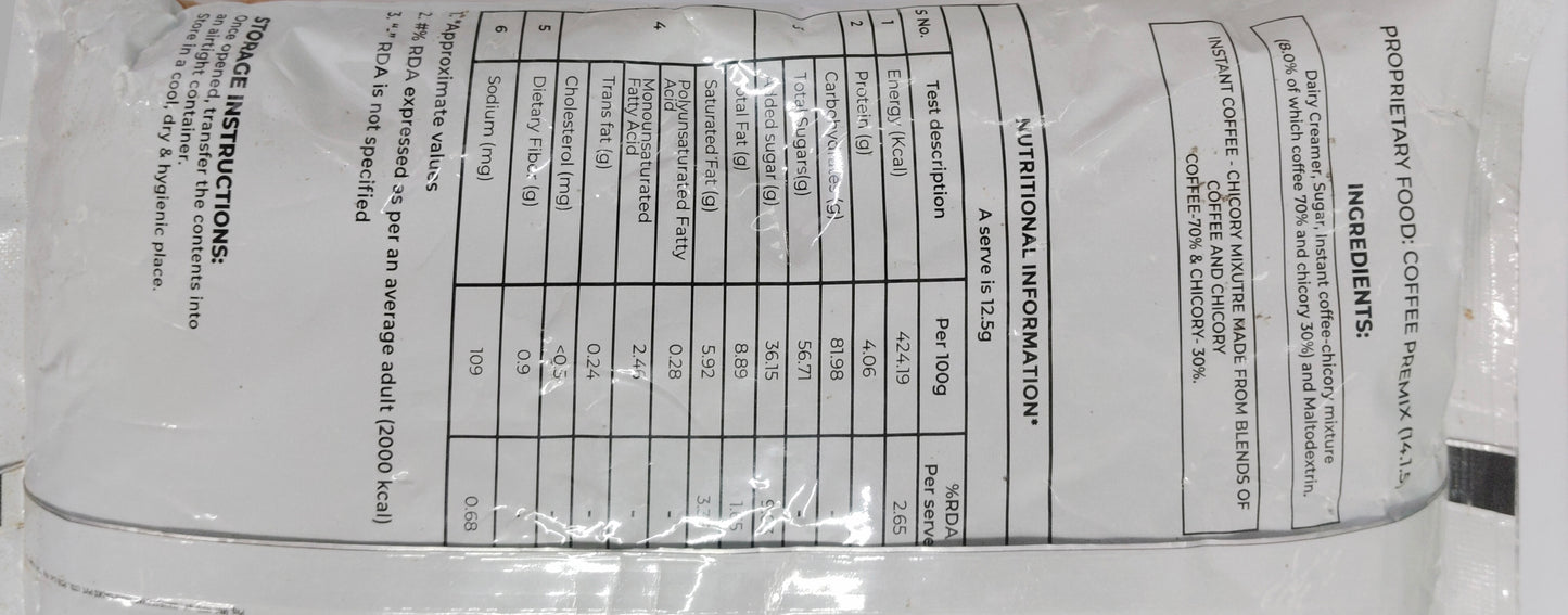 Nutrition facts and ingredient details on the packaging of continental 3 in 1 coffee premix 1 kg from Tea coffee vending service