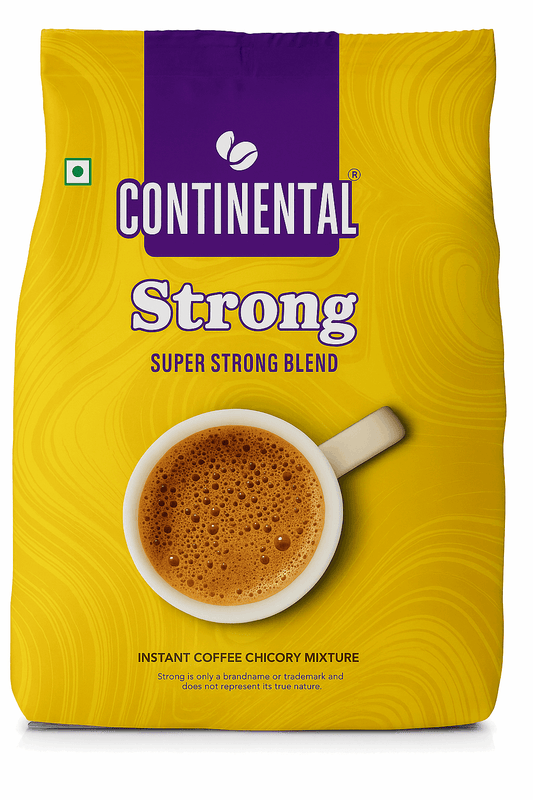 Continental instant coffee 1 kg pack with strong super blend and cup of frothy coffee on yellow background