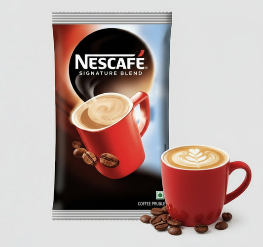 Nescafe instant coffee package with a cup and beans on a white background