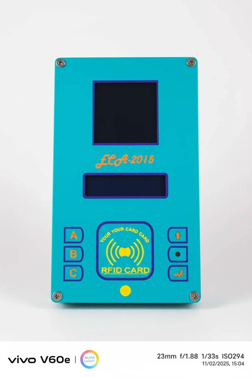 Blue RFID card reader device with screen and buttons, designed for Andhra Pradesh access control systems