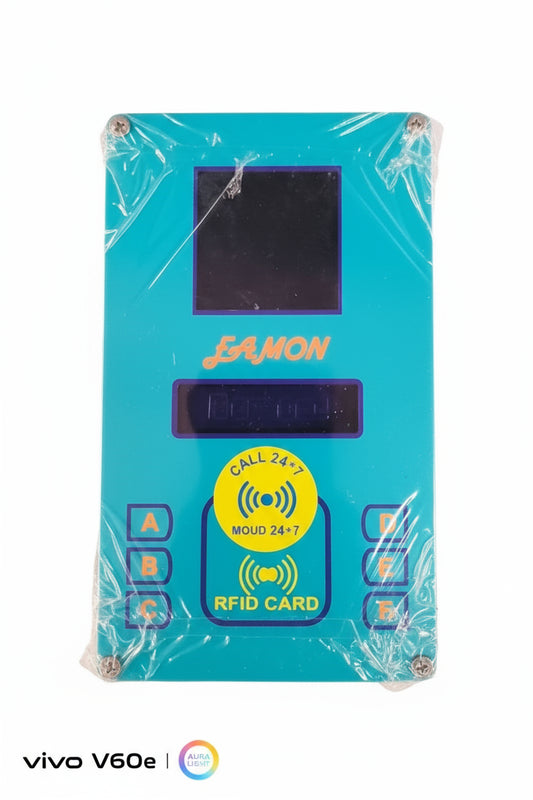 Blue RFID card reader device by Lemon with display screen and Andhra Pradesh branding