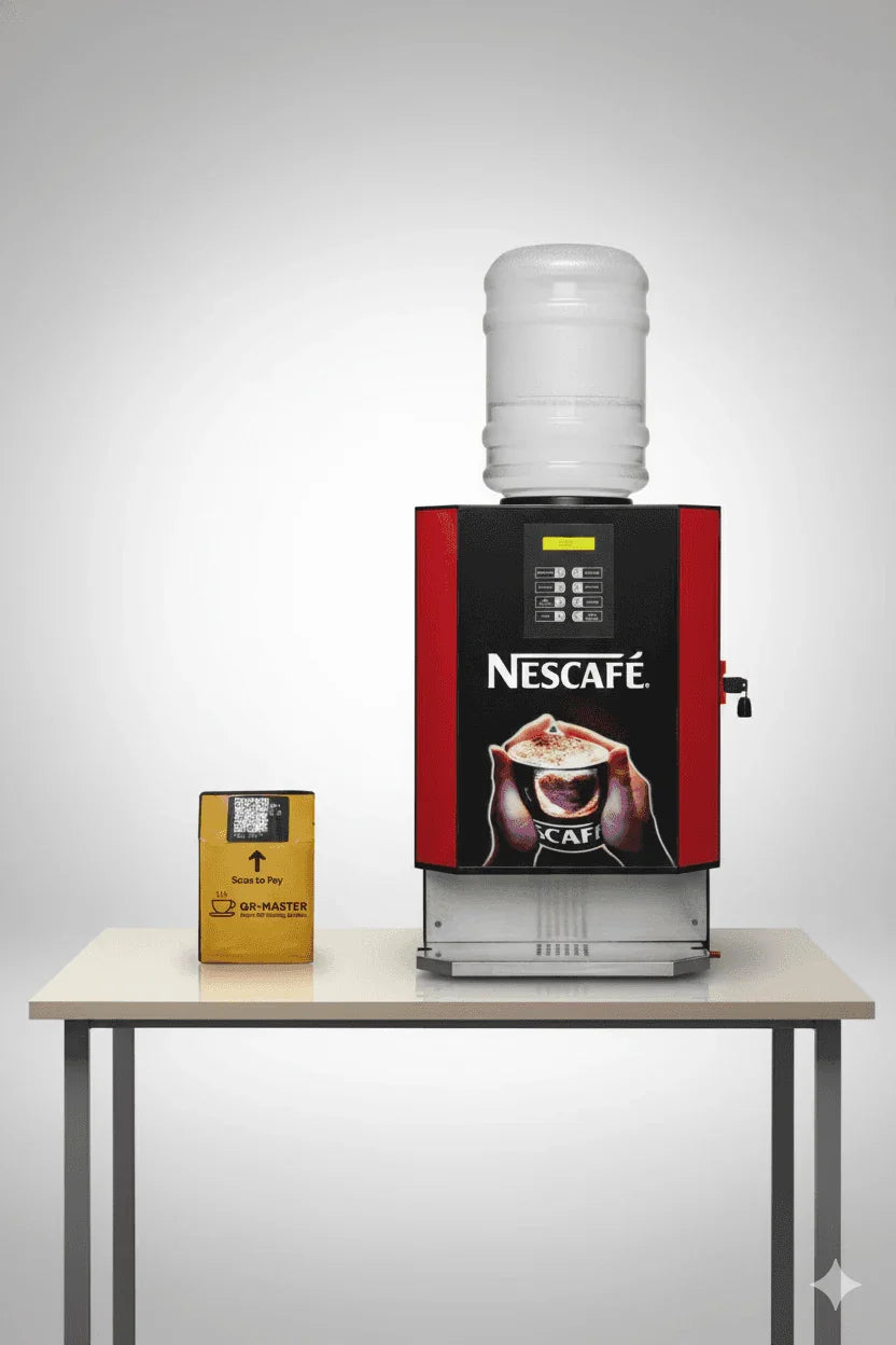 Nescafe 8 Option Coffee Vending Machine with UPI Payment on table with water container and UPI payment device
