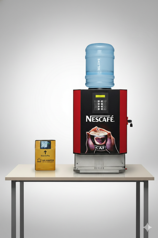 Nescafe 8 Option Coffee Vending Machine with UPI Payment on table with water bottle and payment device