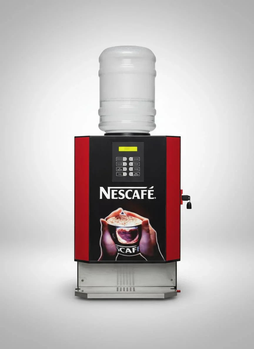 Nescafe 8 Option Coffee Vending Machine with UPI Payment featuring a large water bottle on top and digital keypad