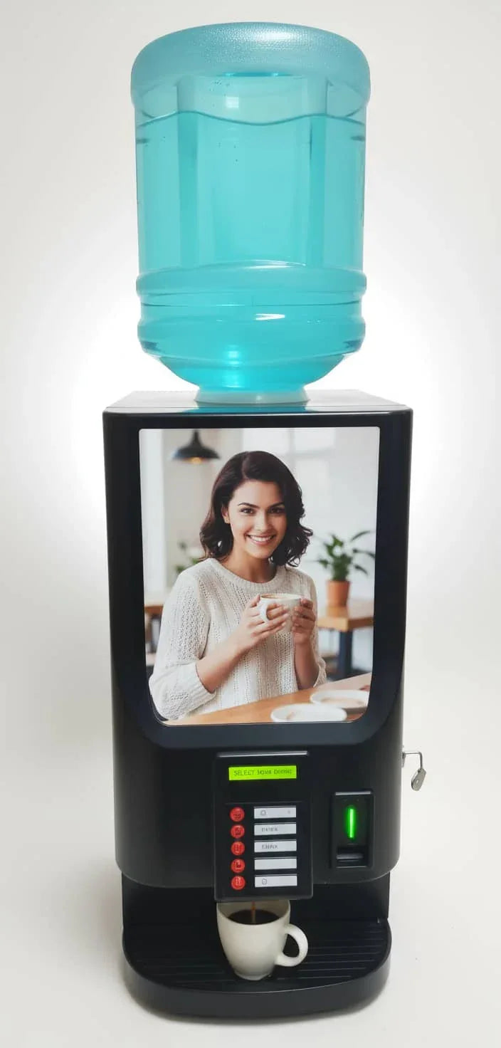 Coffee vending machine with a large water bottle and a smiling woman holding a cup on display panel Amazon coffee machine dealer Noida