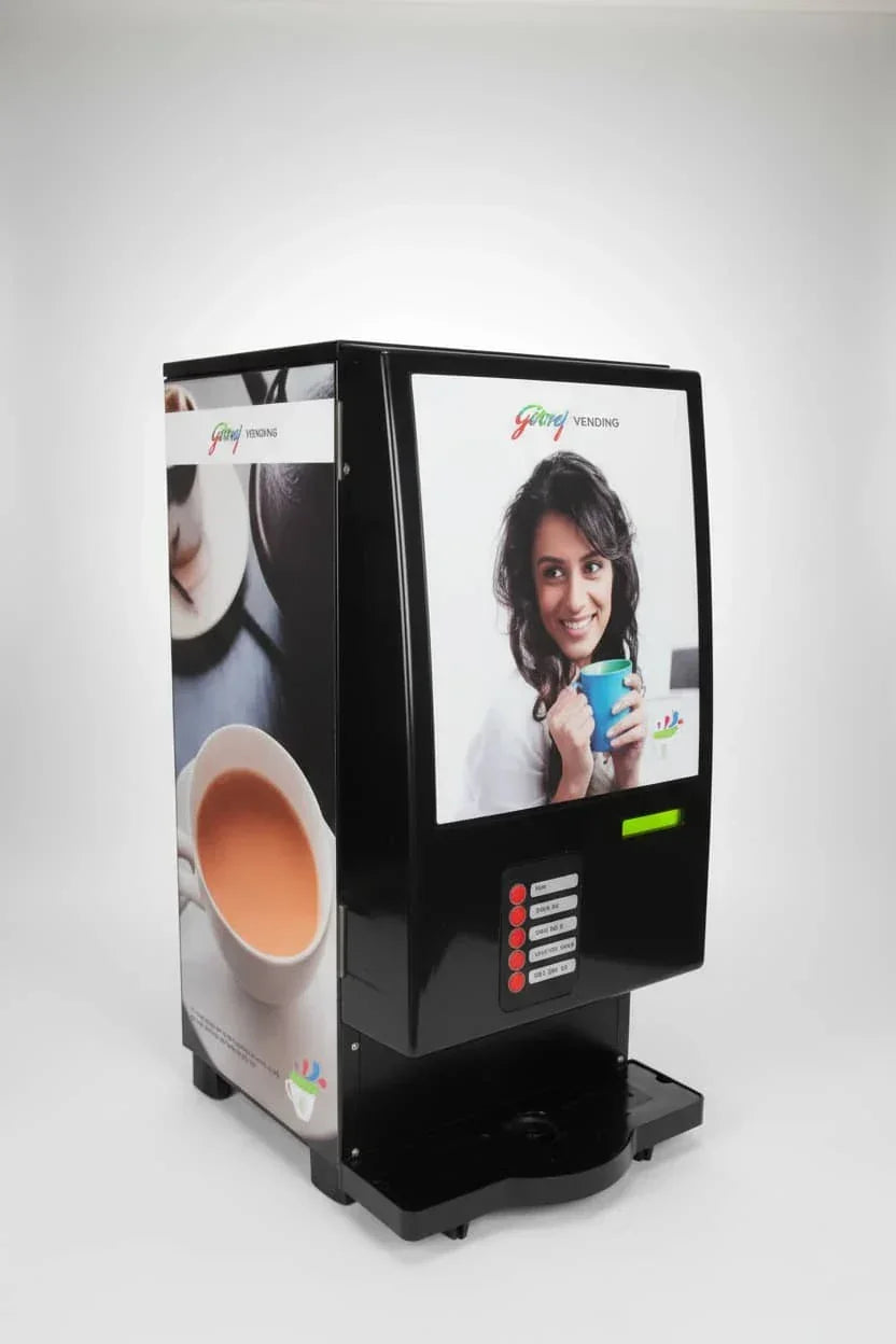 Black coffee vending machine by COFFEE WALLA featuring a smiling woman and coffee cup Amazon coffee machine dealer Noida