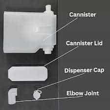 Godrej coffee machine replacement part showing canister lid dispenser cap and elbow joint