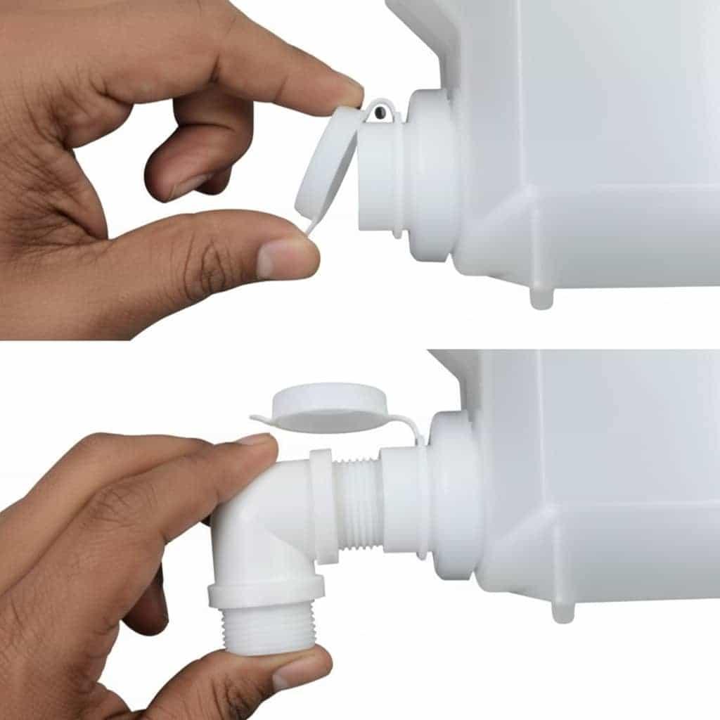 Godrej coffee machine replacement part white water tank valve from COFFEE WALLA being held and attached