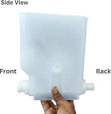 White plastic Godrej coffee machine replacement part water tank held in hand with front and back view