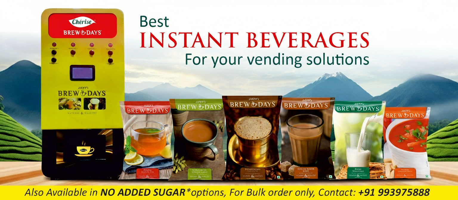 Vending machine and instant beverage packages with scenic background
