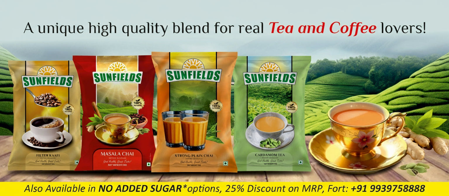 Sunfields tea and coffee packages with a scenic background of tea plants.