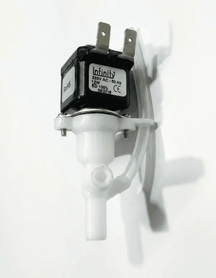 COFFEE WALLA AC SOLONID VUALVE with black coil and white plastic valve body for fluid control