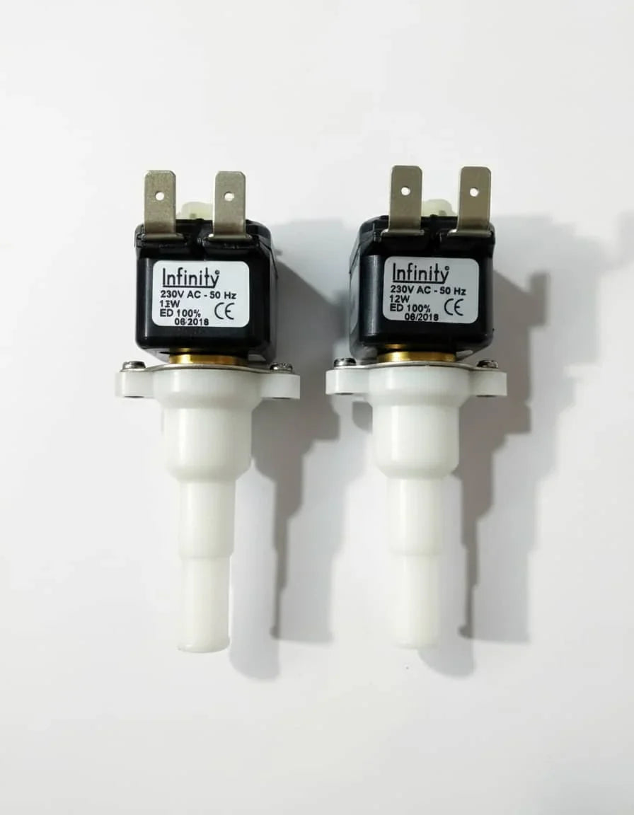 COFFEE WALLA AC SOLONID VUALVE pair with metal connectors and white plastic bases for coffee machines