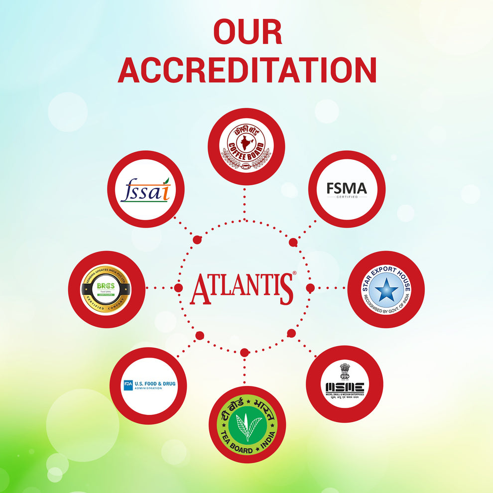 ATLANTIS SOUP PREMIX 500 gm accreditation logos including FSSAI FSMA and Tea Board certifications