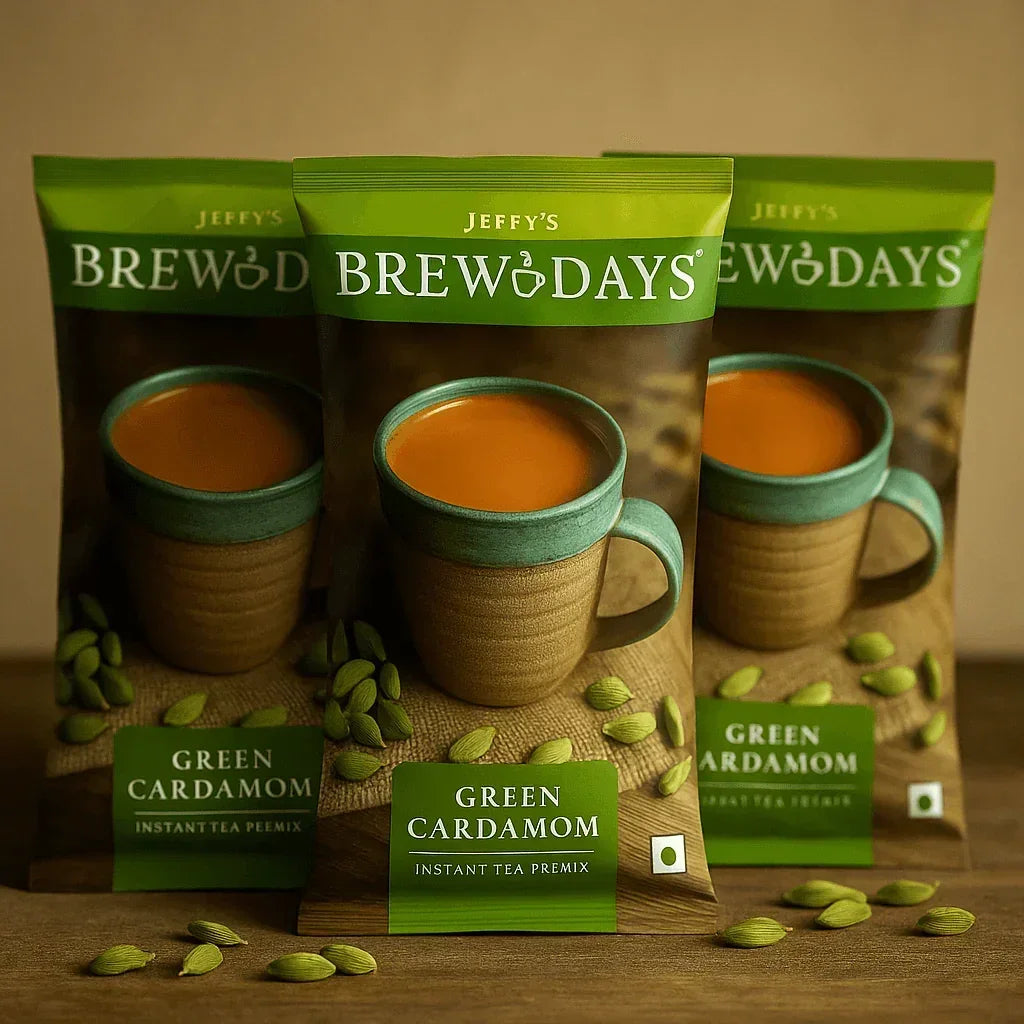 Jeffy's Brew Days green cardamom tea premix for offices in three standing pouches with cardamom pods