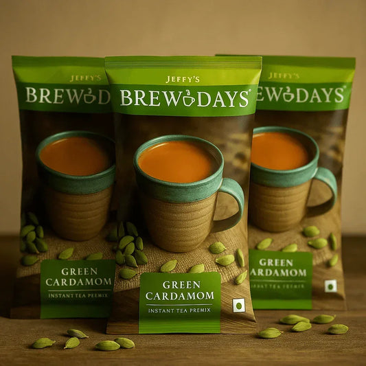 Jeffy's Brew Days green cardamom tea premix for offices in three standing pouches with cardamom pods