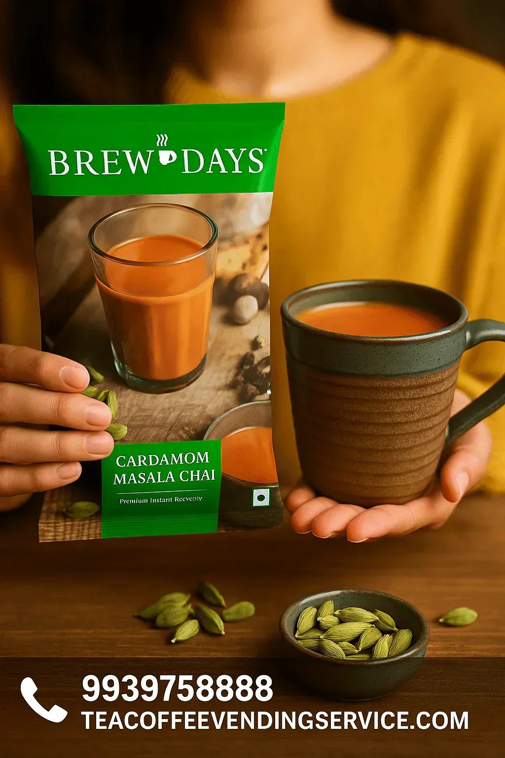 Brewdays cardamom tea premix for offices packet held by person with a cup of prepared cardamom masala chai