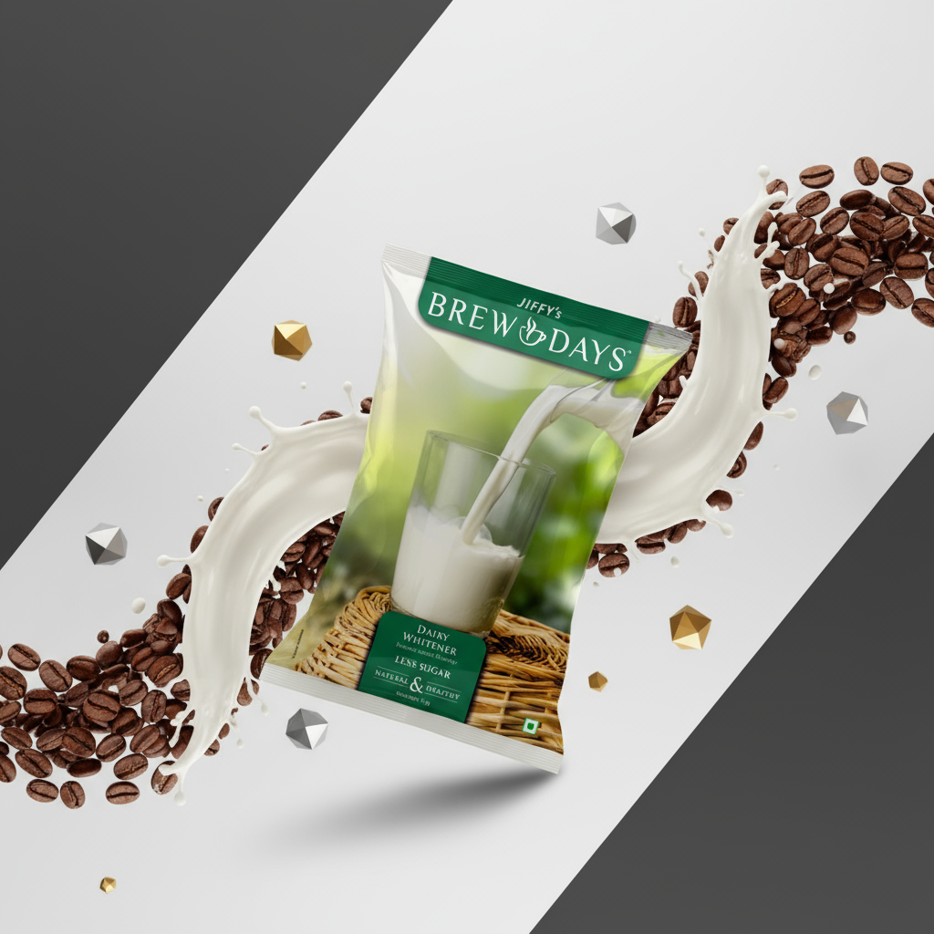 Jiffys Brew Days low sugar dairy whitener pouch with milk pouring into a glass and coffee beans around