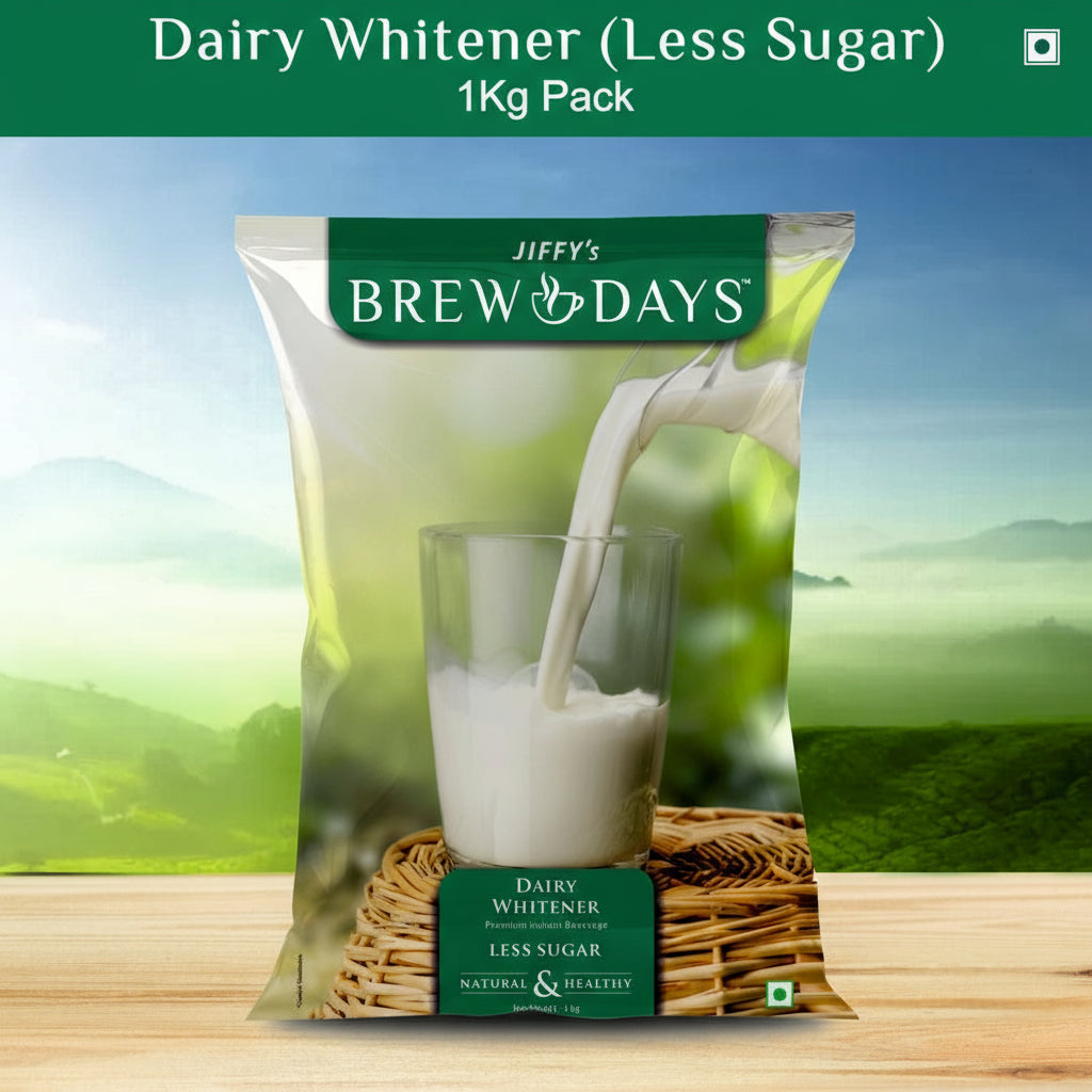 Coffee walla low sugar dairy whitener 1kg pack with glass of milk pouring in natural setting