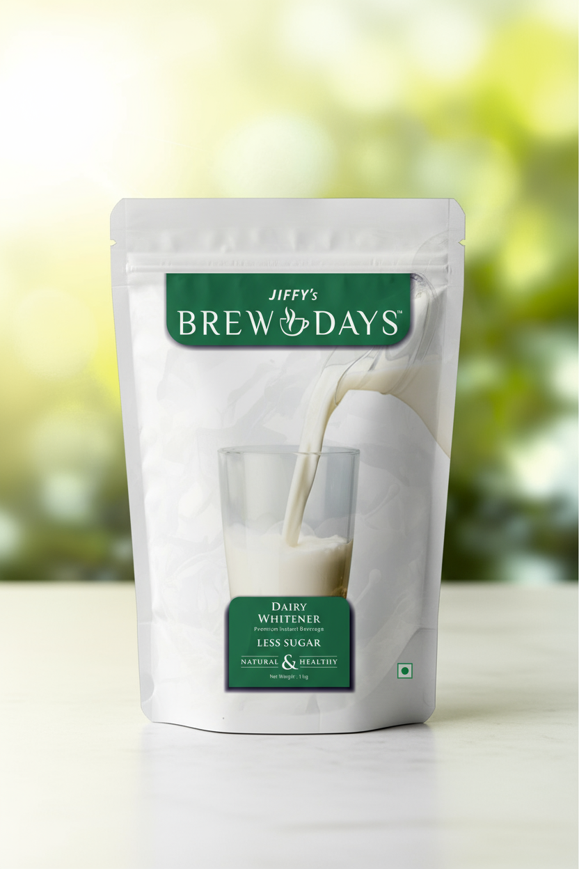 Coffee Walla Brew Days low sugar dairy whitener pouch with milk pouring into a glass