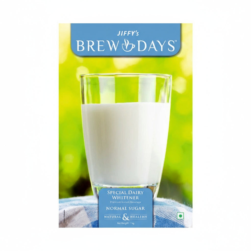 Brewdays whitner normal suger special dairy whitener with natural and healthy ingredients in glass