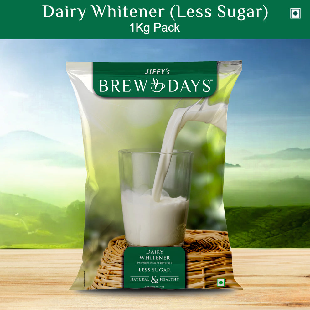 Brewdays whitner normal suger dairy whitener less sugar 1kg pack with milk pouring into glass