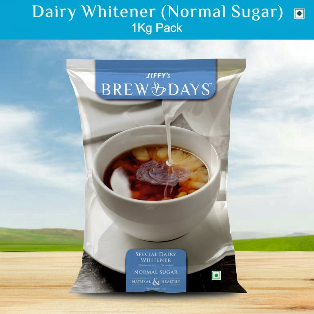 Brewdays whitner normal suger dairy whitener 1kg pack by Coffee walla showing milk pouring into coffee cup