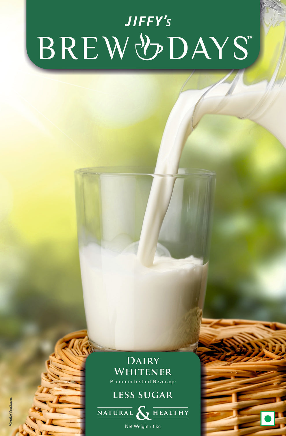 Brewdays whitner normal suger pouring dairy whitener into glass with natural and healthy label