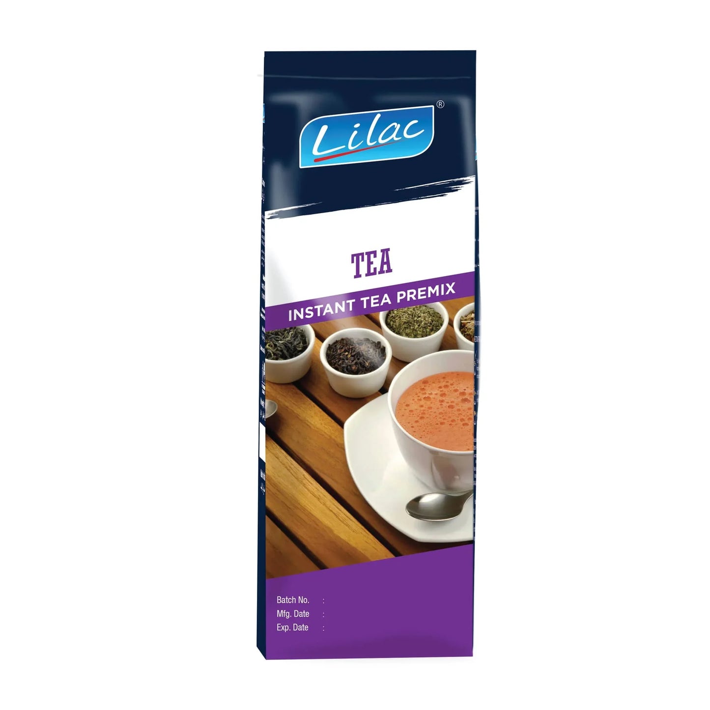 Lilac Instant Tea Premix pack with cup of tea and spice bowls from TEA COFFEE VENDING SERVICE
