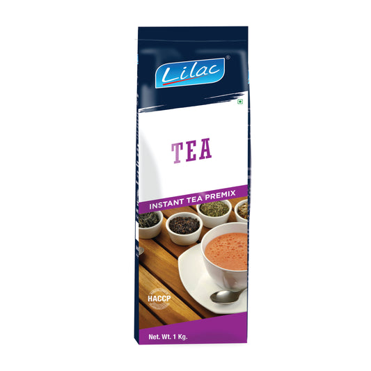 Lilac Instant Tea Premix 1kg pack by TEA COFFEE VENDING SERVICE showing a cup of tea and tea leaves