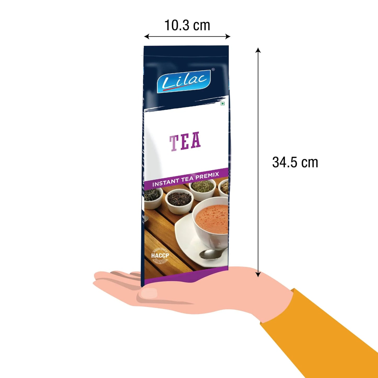 Nescafe coffee premix Meghalaya showing hand holding Lilac brand instant tea premix packet with product dimensions