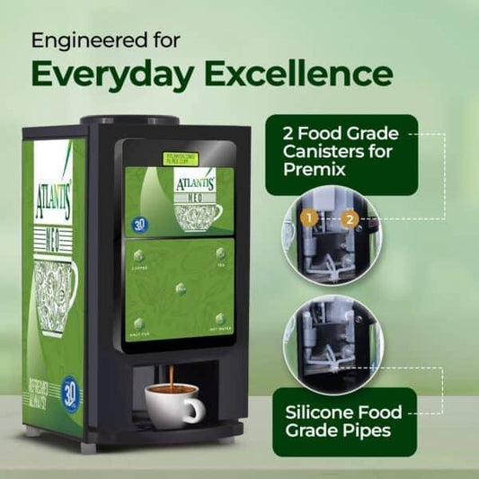 Neo 2 Lane vending machine with hot water featuring two food grade canisters and silicone food grade pipes