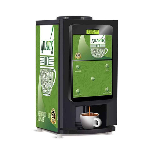 Neo 2 Lane vending machine with hot water dispensing hot coffee into white cup