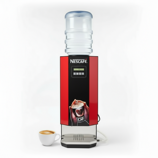 Nescafe 2 lane coffee machine with water bottle and cup of coffee showing nescafe 2 lane coffee machine price