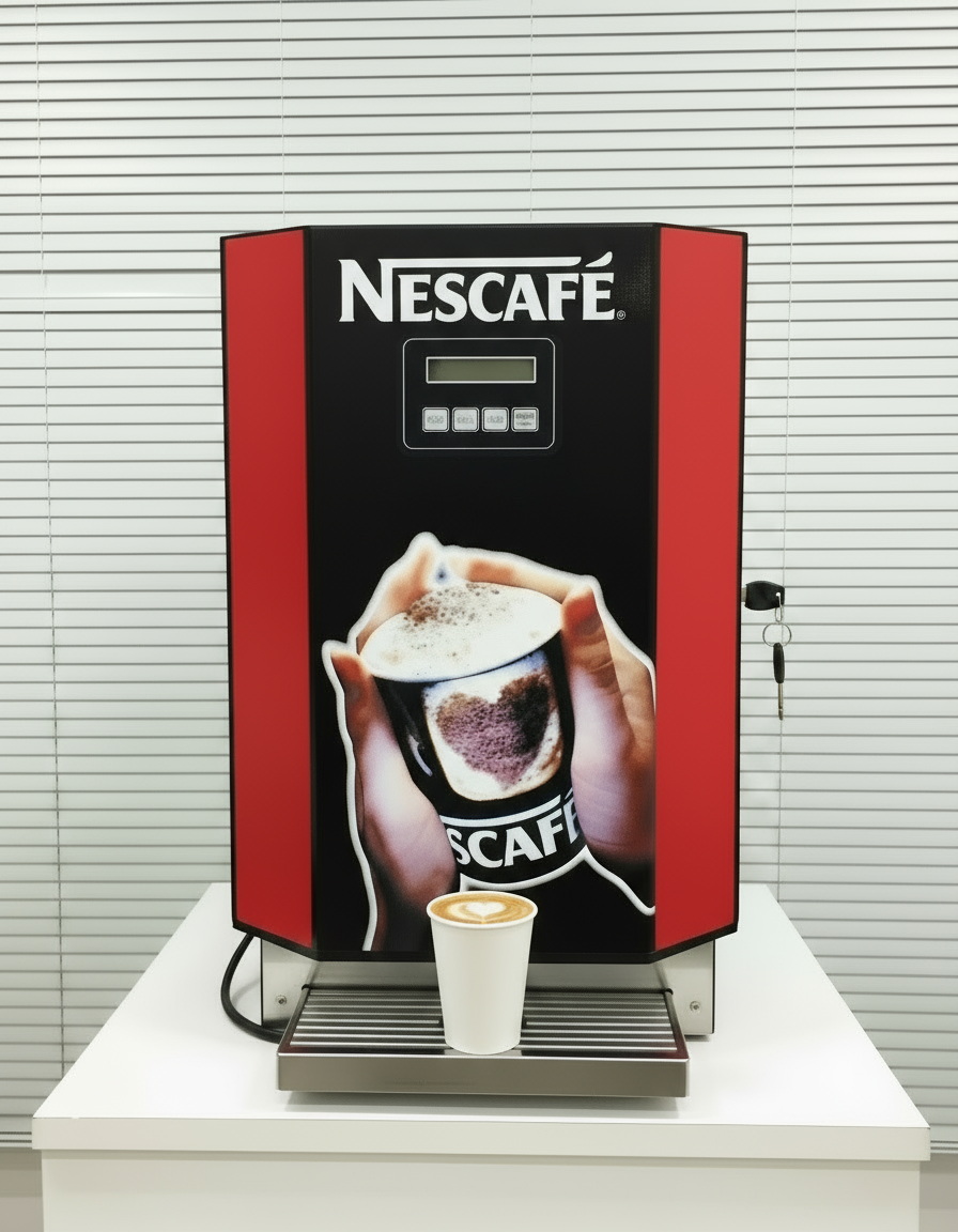 Nescafe 3 Lane Vending Machine with Upi master in black and red dispensing coffee into a white cup