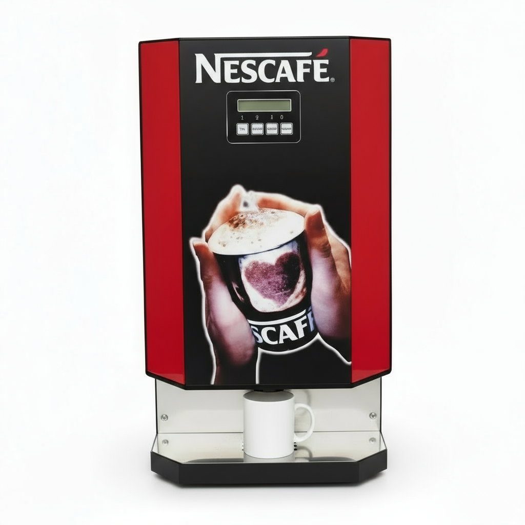 Nescafe 3 Lane Vending Machine with Upi master in red and black dispensing a cup of coffee