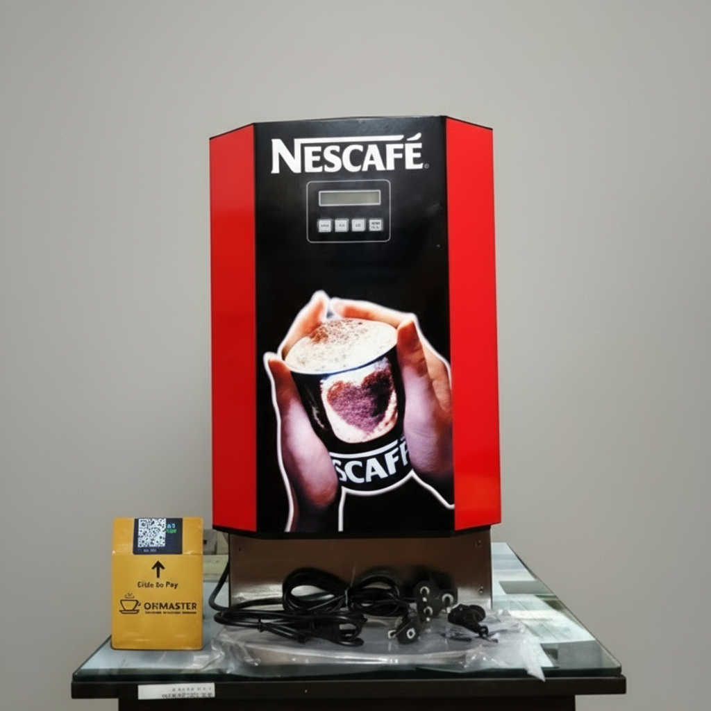 Nescafe 3 Lane Vending Machine with Upi master featuring red and black design with cup image