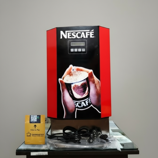 Nescafe 3 Lane Vending Machine with Upi master featuring red and black design with cup image