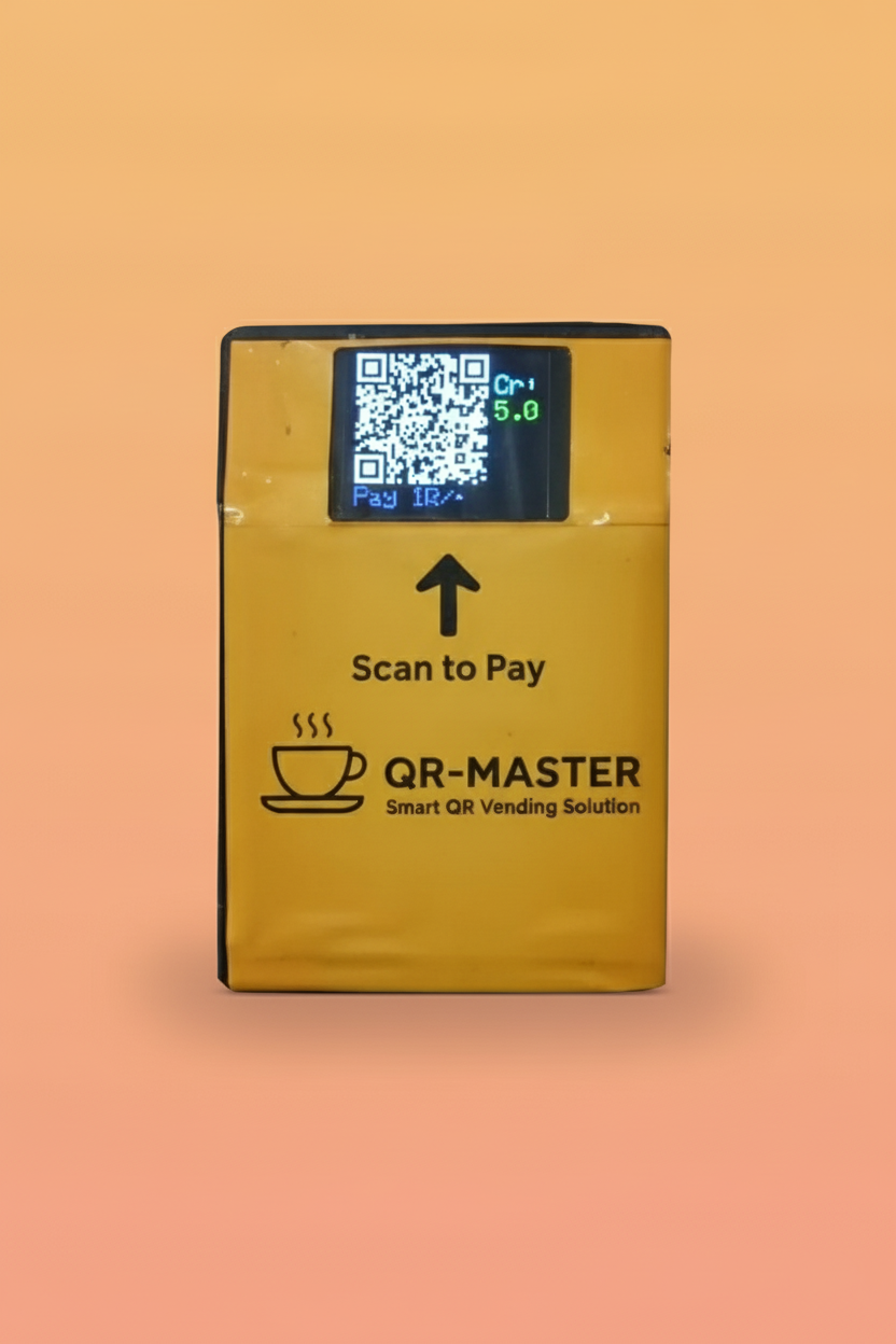 Nescafe 3 Lane Vending Machine with Upi master showing QR code for scan to pay on yellow interface