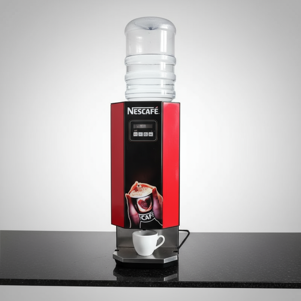 Nescafe 3 Lane Vending Machine with Upi master dispensing coffee into white cup on countertop