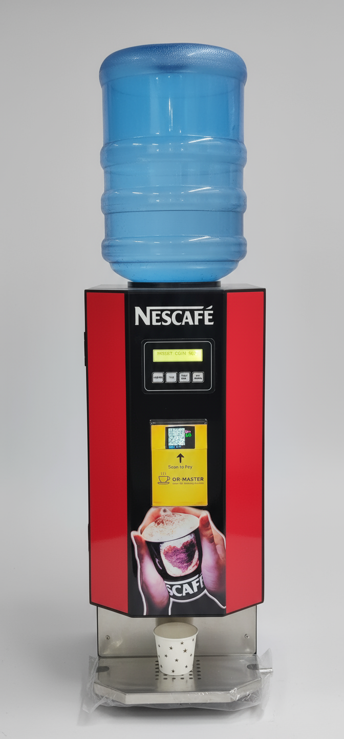 Nescafe branded Amazon tea coffee machine Noida with water bottle on top and paper cup below