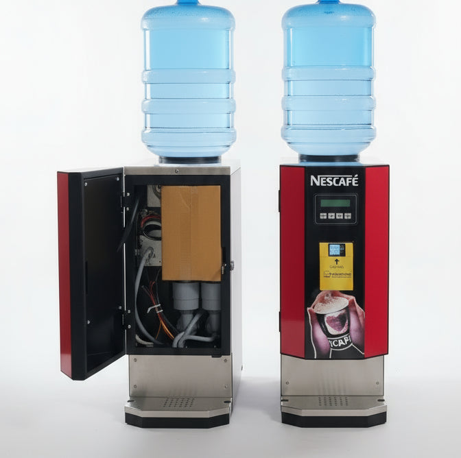Amazon tea coffee machine Noida Nescafe water dispenser with blue water bottles and one unit open showing internal parts