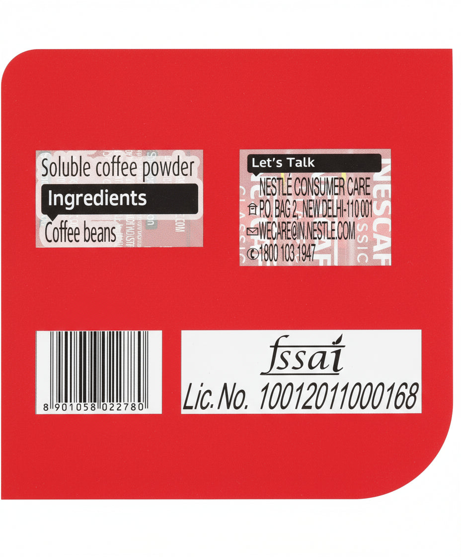 Close-up of Coffee Walla packaging label for Nescafe Classic instant coffee sachets showing ingredients and consumer care details