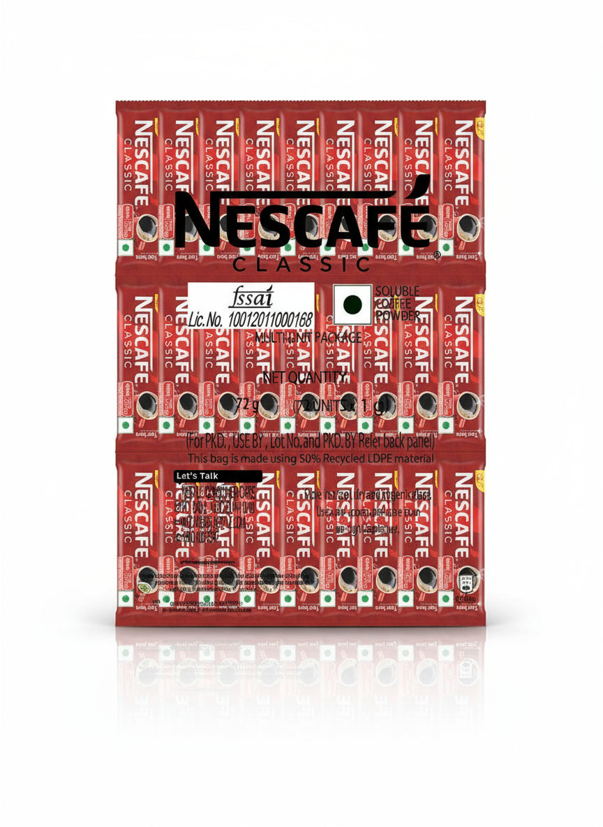 Nescafe Classic instant coffee sachets pack with multiple red sachets arranged and branded with Coffee Walla