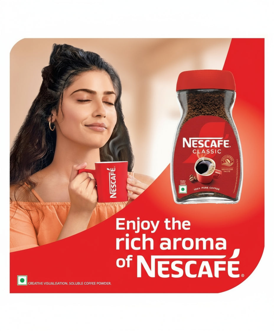 Nescafe Classic instant coffee sachets with woman enjoying rich aroma holding red Nescafe cup