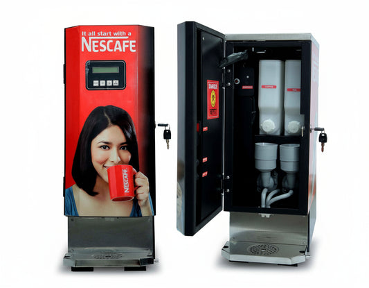 Nescafe coffee machine 2 lane price Delhi showing front with woman drinking coffee and open back with inner compartments