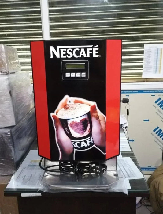 Nescafe coffee machine 3 line price online displayed with black and red vending machine and cup graphic