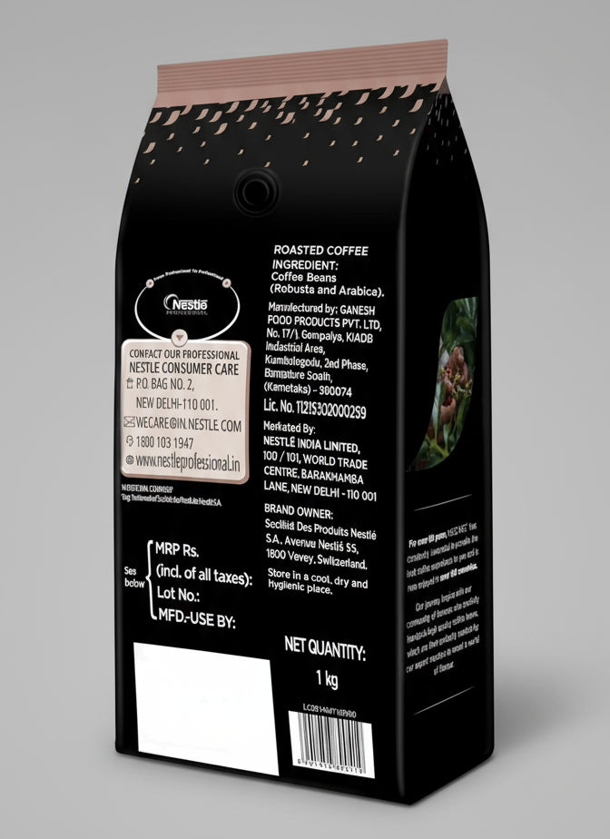 Back view of 1 kg Nescafe Intenso coffee beans package showing ingredients and price details for Nescafe Intenso coffee beans price Delhi