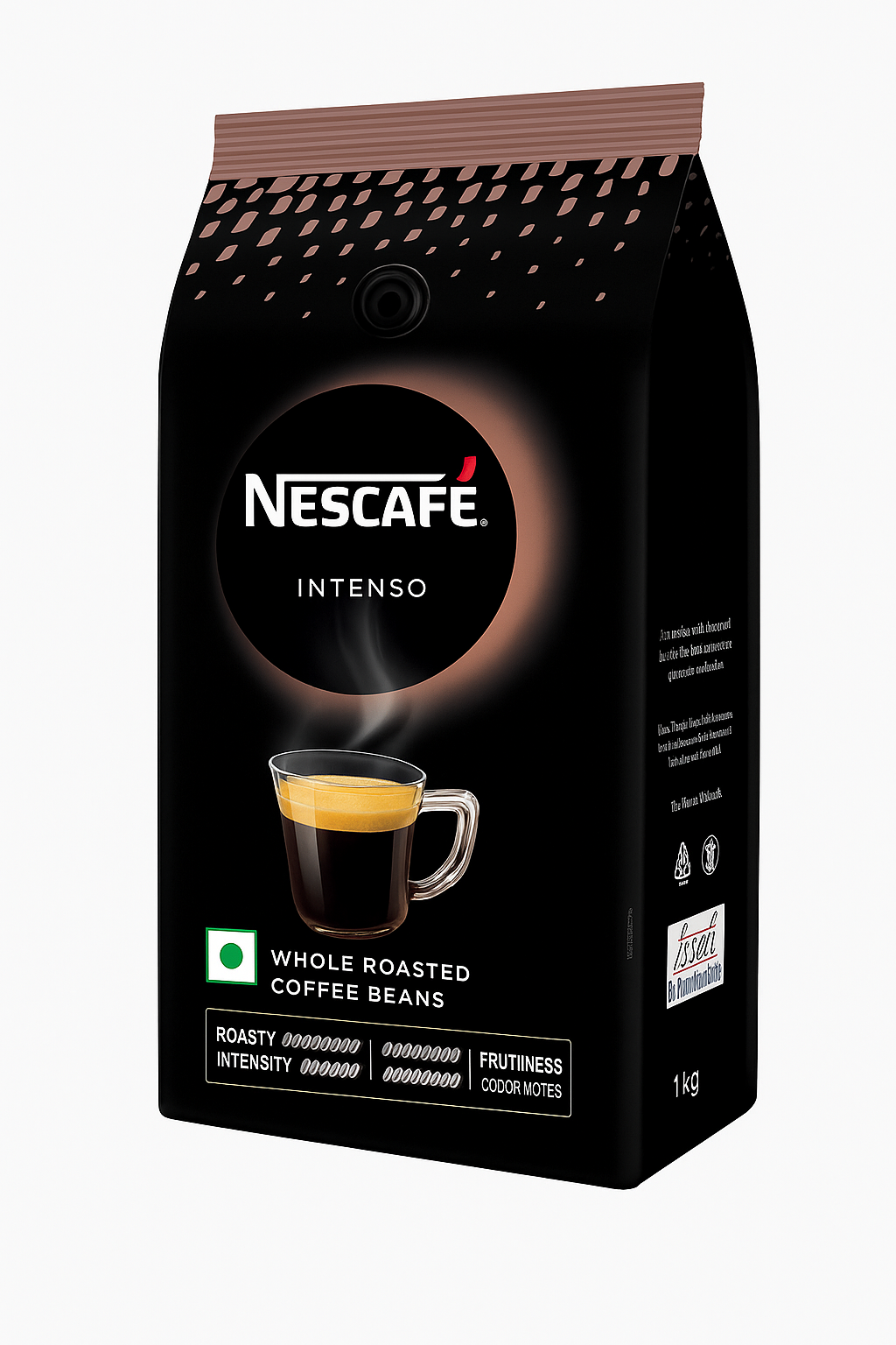 Nescafe Intenso whole roasted coffee beans pack showing coffee cup with frothy espresso and Nescafe Intenso coffee beans price Delhi